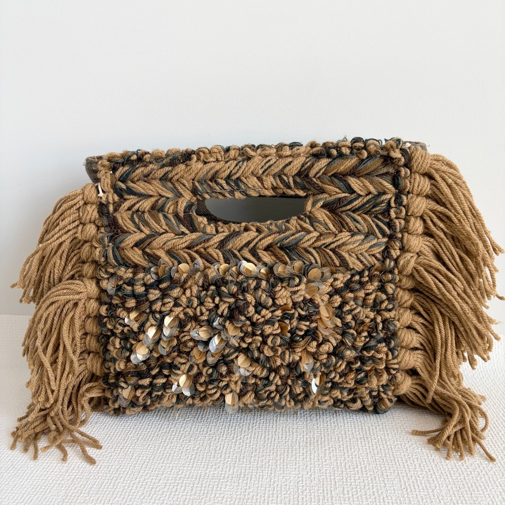 Anthropologie Knit Fringe Sequin Tote Bag Brown Plaid OS